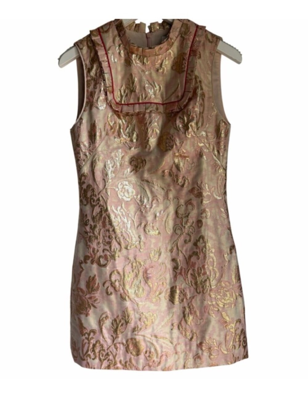 Sandro Paris Metallic Jacquard Mini Dress Size 1 Pink Gold Brocade Ruffle